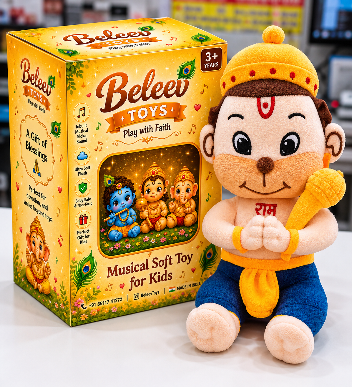 Beleev Toys Hanuman Ji Musical Sloka Soft Toy for Kids – Bhajan & Devotional Sound Plush Toy