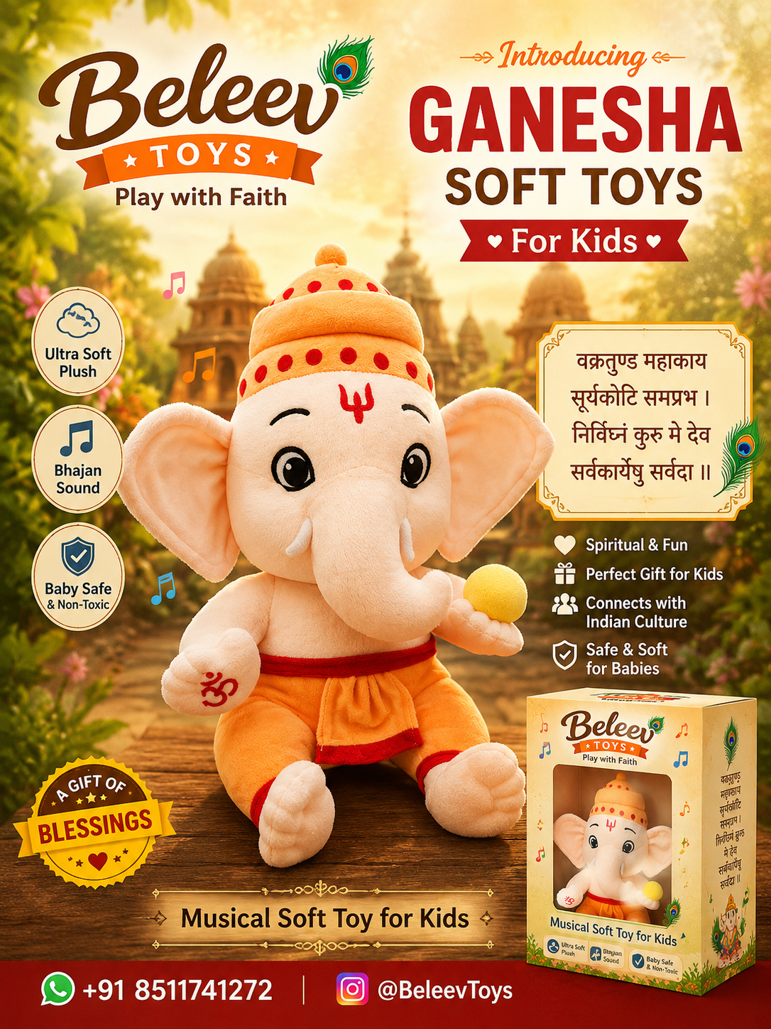 Ganesha Ji Musical Sloka Soft Toy for Kids | Ultra Soft Plush Toy | Beleev Toys